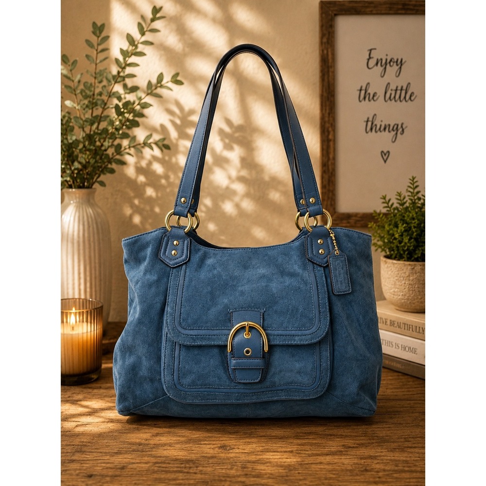 Coach Campbell Belle Blue Suede Leather Carryall Shoulder Bag F24688
